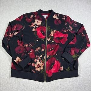 Susan Graver Women Med Red Black Floral Print Zip Front Long Sleeve Jacket Top